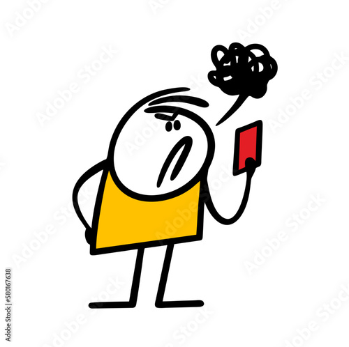 A strict angry male sports referee shows the player a red card and swears rudely.