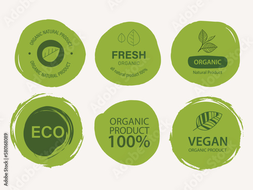 Organic label, natural label, organic banner with hand drawn stain brush watercolor painting. Sticker and badge organic logo vegan food mark.