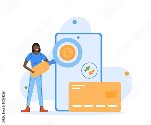 Smiling Young Woman Buying Online Shop with Mobile Bank Credit Card Apps. E-wallet and Internet Payment Flat Vector Cartoon Design. Hand Tapping Pay Button in Smartphone. Financial Technology Concept