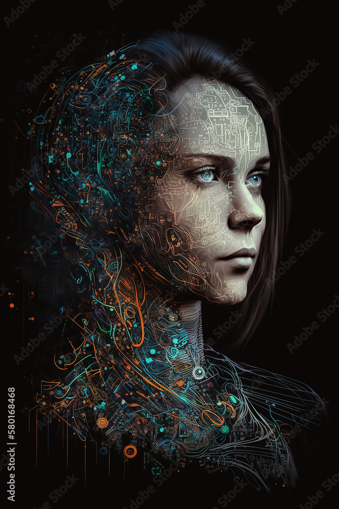 Digitized Character Portrait, Fusion Between Woman and AI.