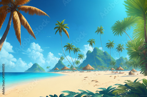 Tropical landscape. Tropical island in sunny weather. Palm trees  ocean  sandy beach. Generative AI.