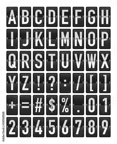 Scoreboard flip font. Vector realistic mechanical scoreboard with alphabet, numbers and symbols on panel. Countdown timer for arrival and departure airport signs, web, railway station, date counter.