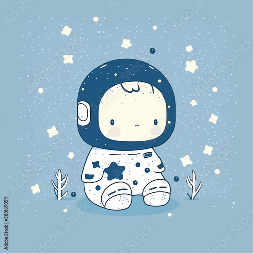 A little boy sleeping on a cloud with a moon and stars.