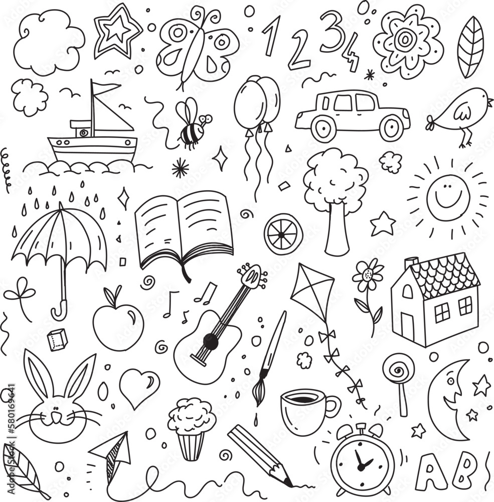 Kids sketches, doodles hand drawn vector drawings Stock Vector | Adobe