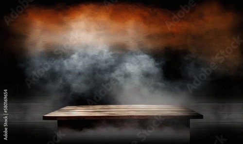  a wooden table with a bench in front of a dark background. generative ai