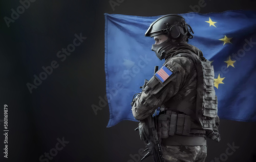 Soldier. EU flag. Banner. AI generated