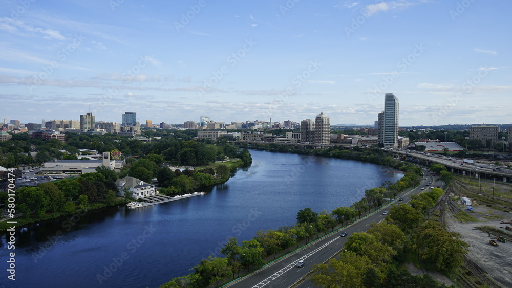 Charles River view from Double Tree terrace in  Cambridge