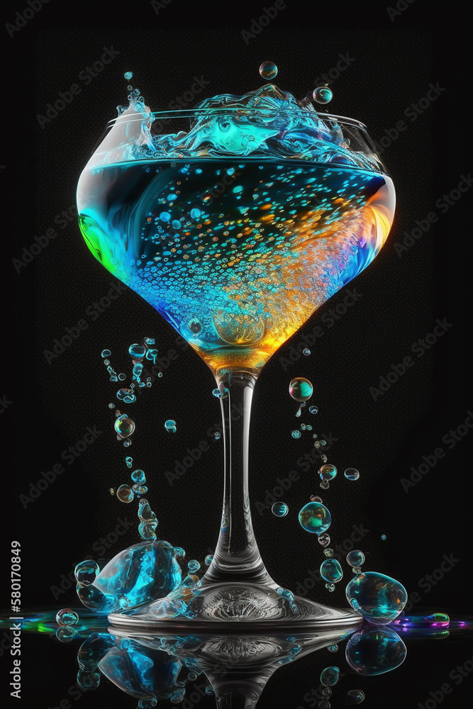 Colorful cocktail glass on a dark background, drops. Generative AI