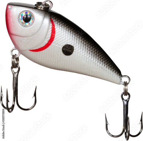 Grey, red and white plastic fishing lure angling toward the surface