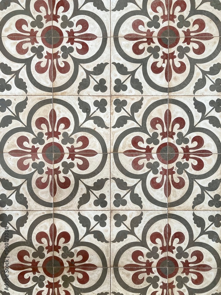 Ceramic Tiles. Hydraulic Portuguese ceramic design. Floral decorative ornament.