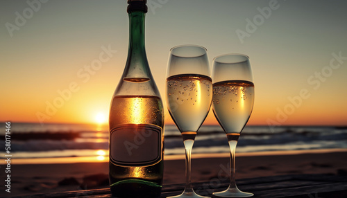 champagne with glasses in the sunset, on the beach, by the sea