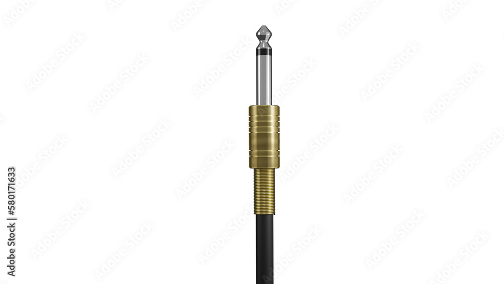 Golden guitar audio jack with black cable isolated on transparent background. Musical concept. 3D render Golden guitar audio jack with black cable isolated on transparent background. Musical concept. 3D render