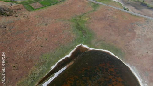 Aerial view of Spotted Lake in Osoyoos British Columbia Okanagan Valley on Hot Summer Day