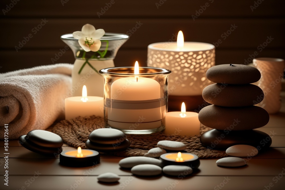 Spa setting with aromatic candles. Romantic atmosphere. Background with selective focus. AI generated