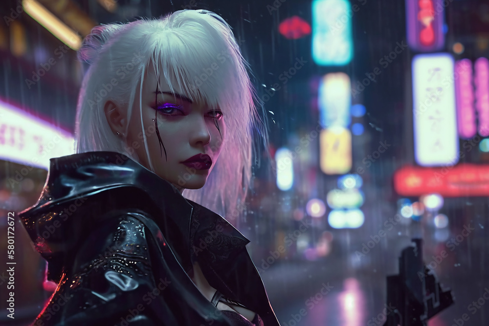 Dangerous Cyberpunk Character. Woman with White Hair. Femme Fatale. Created with Generative AI.