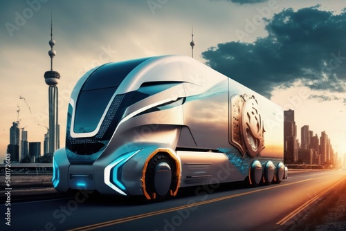 Future of autonomous cargo transportation truck. AI generated, human enhanced © top images