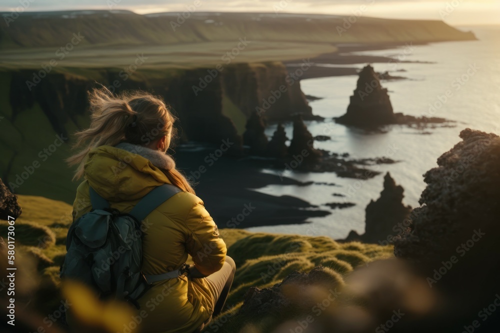 Woman enjoys contemplation in nature, selective focus. Travel concept. AI generated, human enhanced Woman enjoys contemplation in nature, selective focus. Travel concept. AI generated, human enhanced