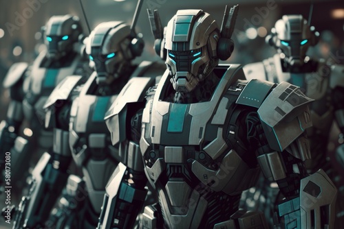 Army of metal cyborg robots, selective focus. AI generated, human enhanced.