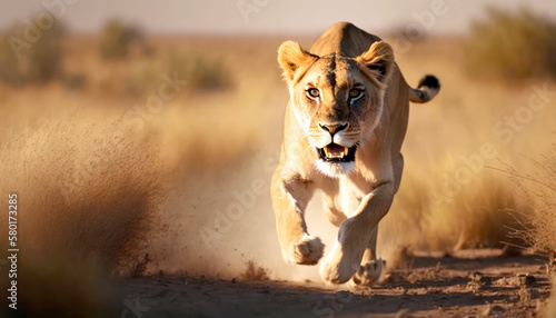 Action shot of a fierce lioness chasing the camera in the savannah heat. Generative AI.