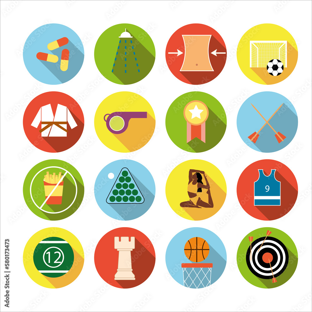 Collection of icons with different sports and healthy eating in flat design with shadows Collection of icons with different sports and healthy eating in flat design with shadows