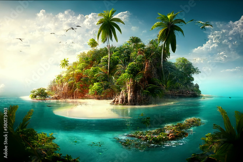A lush tropical island with tall palm trees in spring