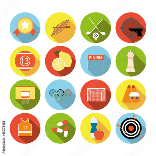 Collection of icons with different sports and healthy eating in flat design with shadows