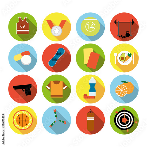 Collection of icons with different sports and healthy eating in flat design with shadows