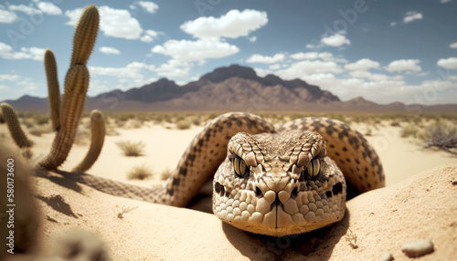 Rattlesnake close-up in the desert heat. Generative AI.
