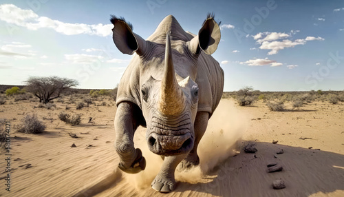 Action shot of a running rhinoceros in the savannah heat. Generative AI. photo