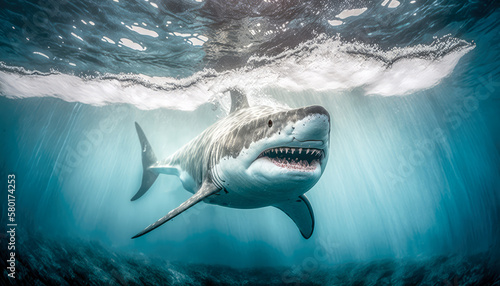Photographie Great white shark hunting for a prey in the ocean