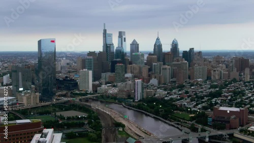 An aerial view of the Philadelphia skyline over the Schuylkill River on a cloudy day photo
