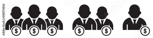 Set of investors icons. Financial Investor, businessman investor, business group. Man with dollar money, investor symbol, partners.