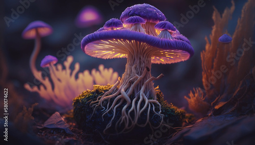 Glowing purple mushroom lamps with fireflies in magical forest