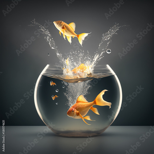 Goldfish jump. goldfish jumping out of the water. rise and improvement concept photo