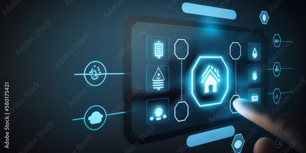 Fototapeta premium Finger tapping home automation button on virtual screen dashboard, smart home management interface. Internet of Things technology, wireless connectivity between smart gadgets, security - Generative AI