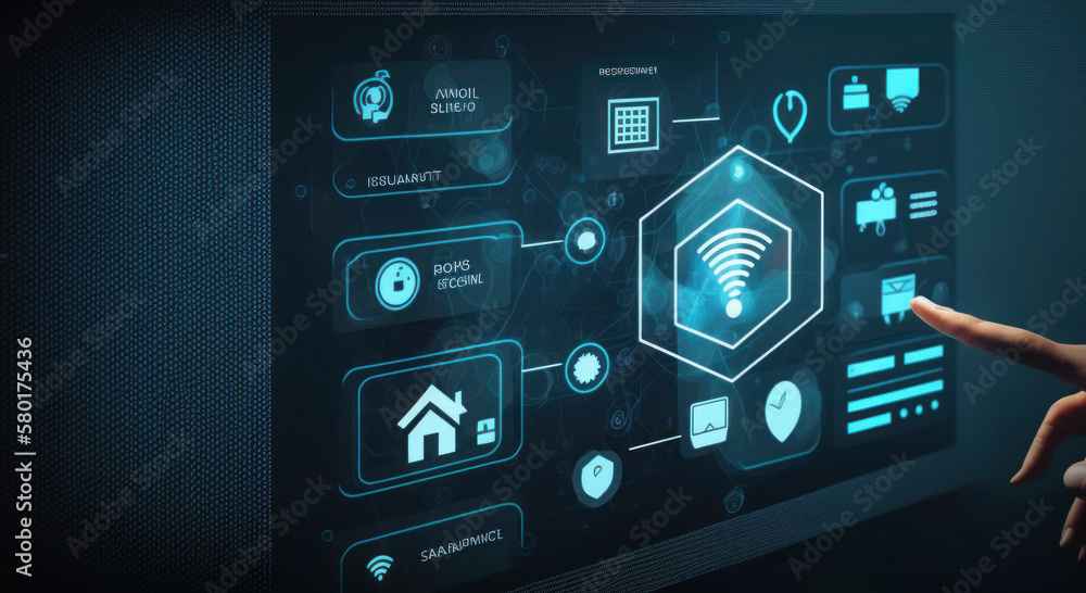 Finger tapping home automation button on virtual screen dashboard, smart home management interface. Internet of Things technology, wireless connectivity between smart gadgets, security - Generative AI