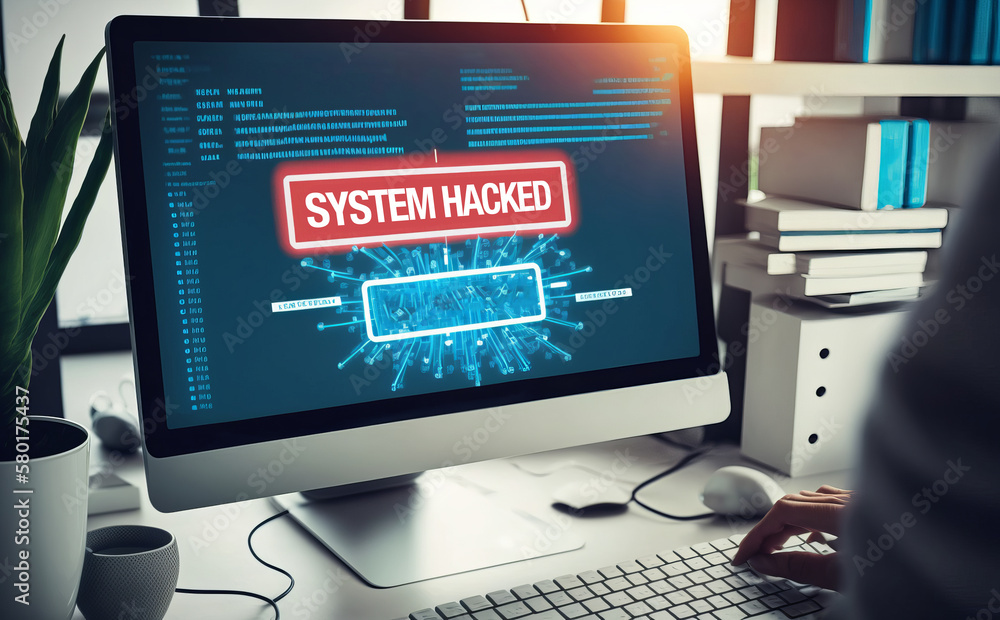 After a network cyberattack, a system hack alert appears on the computer screen. Internet security flaws, viruses, data breaches, and dangerous connections. a worker in an office - Generative AI After a network cyberattack, a system hack alert appears on the computer screen. Internet security flaws, viruses, data breaches, and dangerous connections. a worker in an office - Generative AI