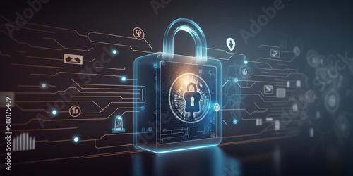 data storage protection, privacy and cyber security. solution for managing documents that uses encryption & passwords. on server / computer, encrypted files. Finger pointing lock icon  - Generative AI