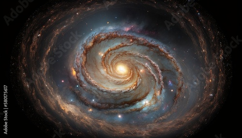A view from space to a spiral galaxy and stars. Created with Generative AI