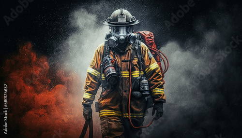 illustration of a firefighter between flames and smoke. shocking, dangerous. horizontal