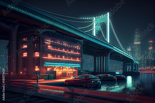 Night neon Bridge over river or bay with cityscape background. Neon colors future city cyberpunk landscape. High quality illustration