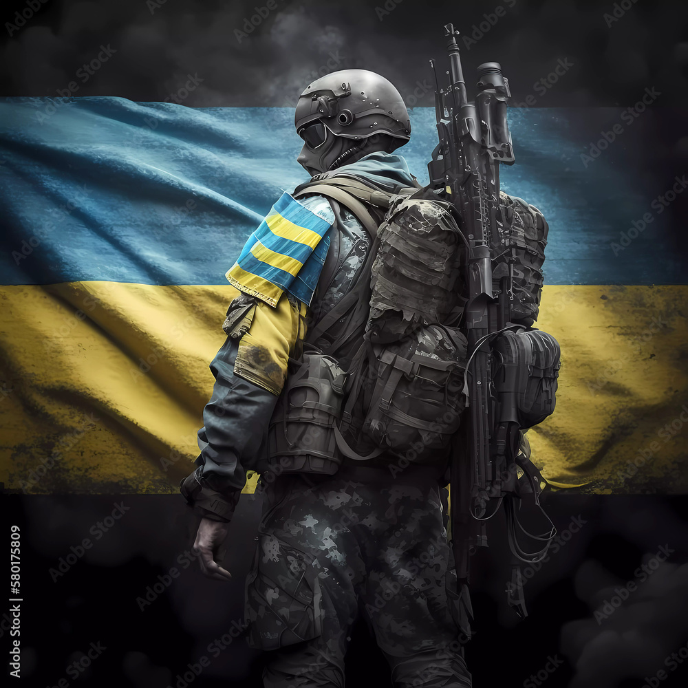 Soldier. Flag Day of Ukraine. Ukrainian flag. AI generated