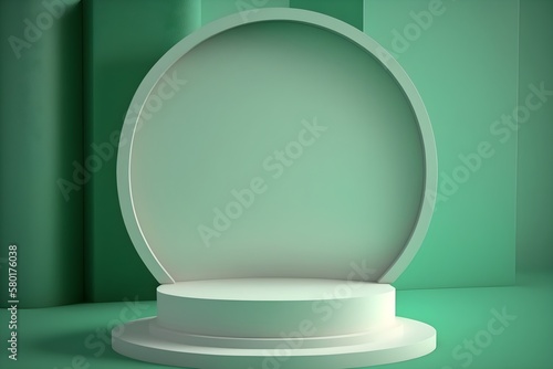 3d round empty white podium for produt display with muted green background  showcase your product with empty round pedestal display podium stage