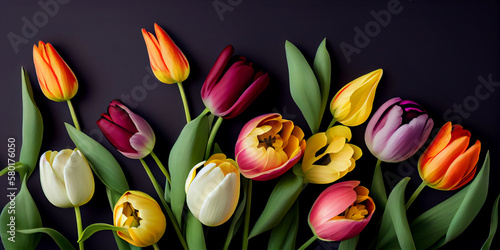 Colorful tulips laid flat on black background. Generative AI. #580176050