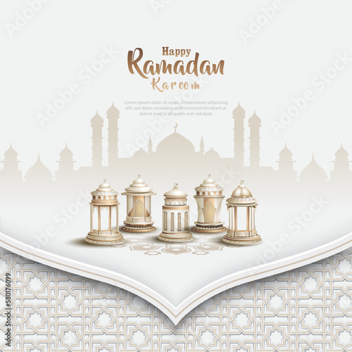 islamic greeting ramadan kareem card design with white lanterns