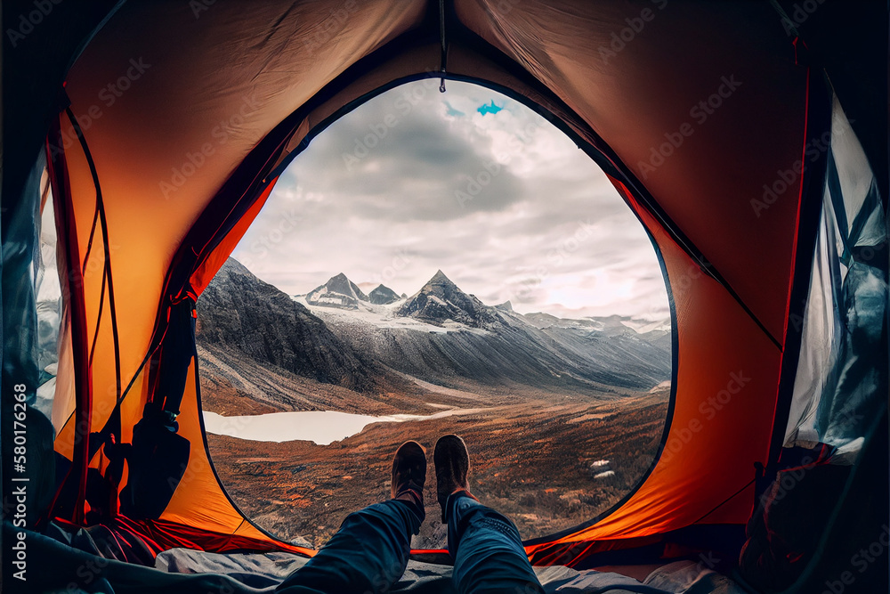 Spectacular view of nature from open tent entrance. The beauty of romantic trekking and camping. . High quality illustration