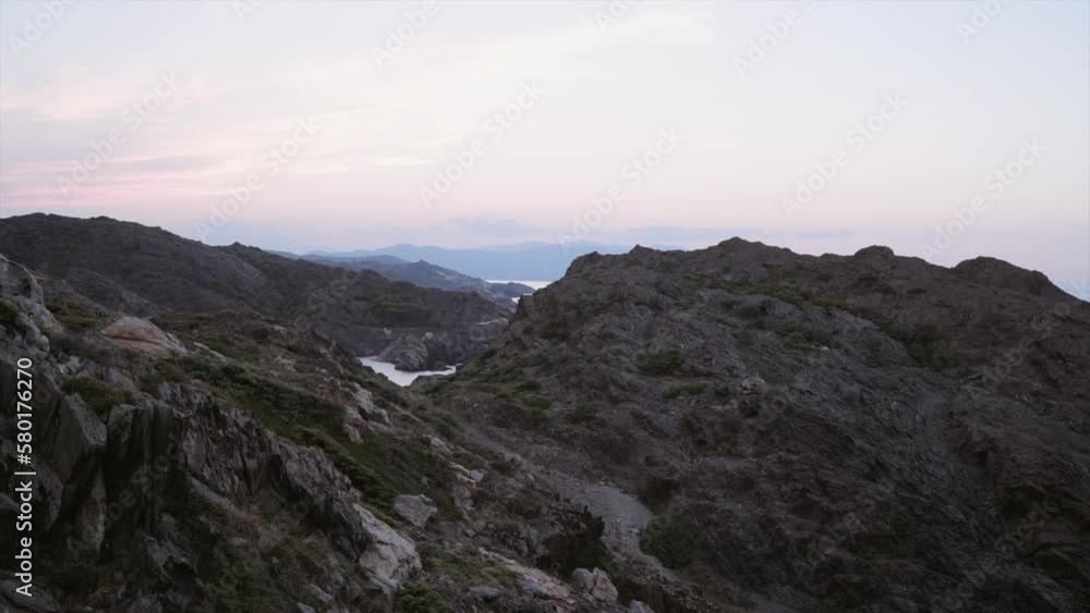 Panoramic view of the natural park of Tudela mountain and sea landscape at sunset. Recorded in Spain, Cadaqués. Panoramic view of the natural park of Tudela mountain and sea landscape at sunset. Recorded in Spain, Cadaqués.