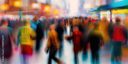 Bustling city street crowds of people moved in blur motion and color their bright clothing and energetic movement creating an abstract and dynamic scene, created with Generative AI technology © koldunova