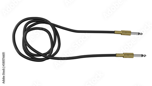 Golden guitar audio jack with black cable isolated on transparent background. Musical concept. 3D render