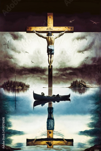 Surrealist painting of a crucified Christ above a lake - generativ ai